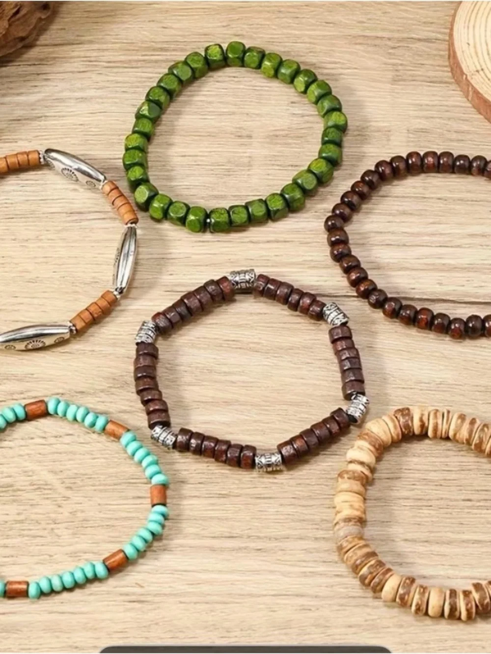 6pcs Bohemian Coconut Shell Wood Bead Bracelet Set in Turquoise, Brown & Black